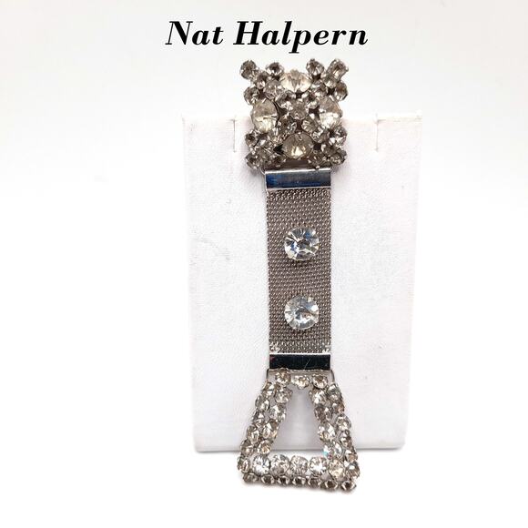 Vintage Rhinestone Mesh Brooch, Signed Nat Halpern, 1940s, 4" - Picture 1 of 9
